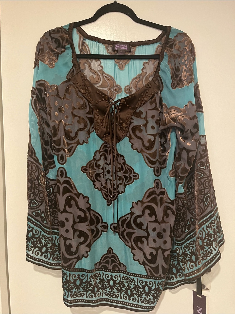 Hale Bob Teal and Brown Velvet Burnout Lace-Up Tunic